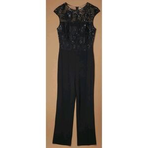 Lauren Ralph Lauren Sequin Embroidered Wide Leg Stretch Jumpsuit Size 10 Black